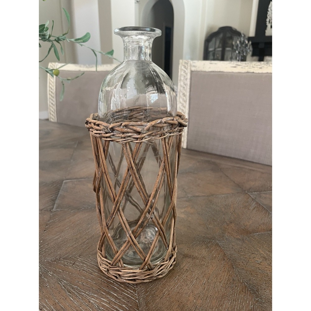 Vtg Glass Bottle European Wicker Weave Cover Wrap Rustic Boho Decor  11"